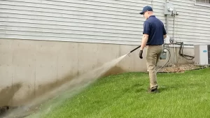 pressure washing professional in brown pants washing side of house