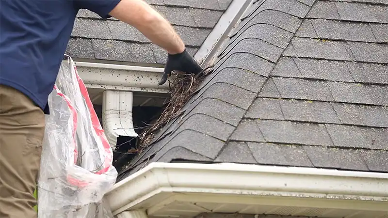 cleaning expert cleaning gutter in black gloves and blue shirt