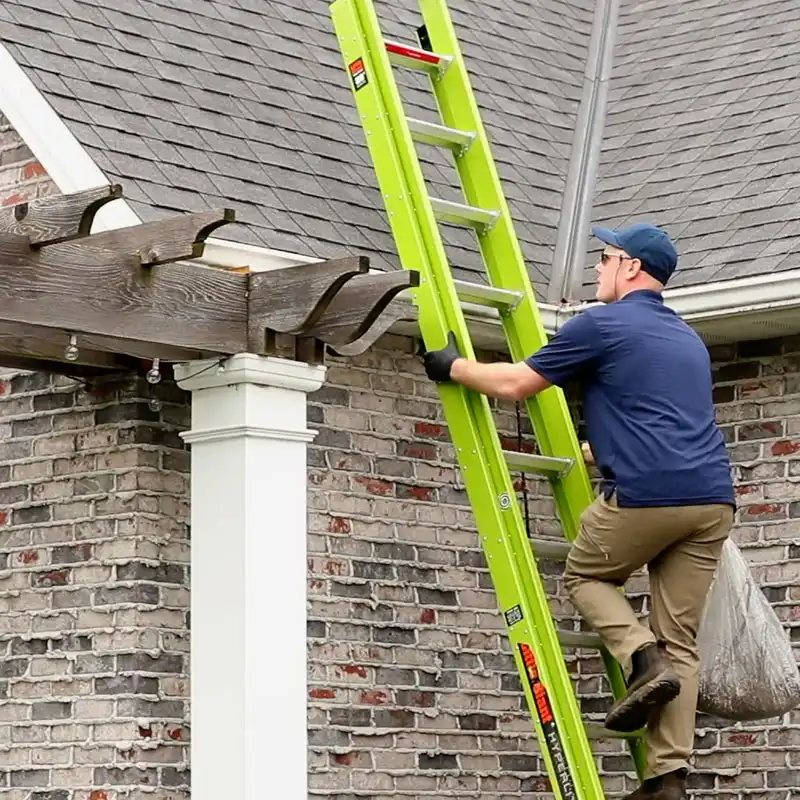 cleaning expert climbing yellow ladder