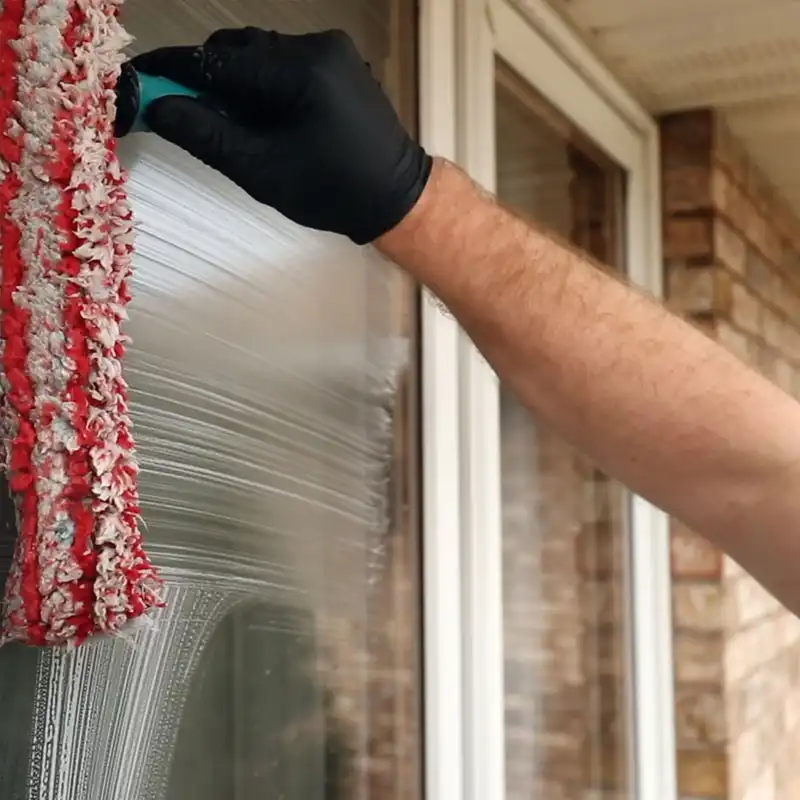 window cleaning professional in black gloves and red window cleaning brush